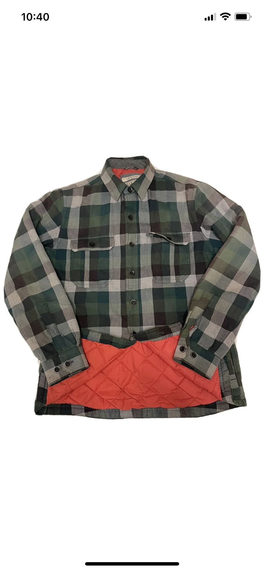 LL Bean Primaloft Flannel Shirt Jacket Shacket Slightly Fitted Green Blue Plaid