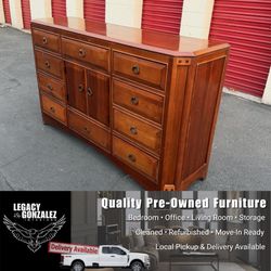 Vintage 10-Drawer Wood Dresser with Cabinet