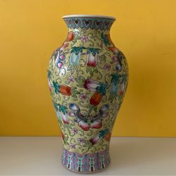 Vintage Chinese Ceramic Yellow Glaze Pastel Vase Hand Painted