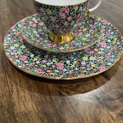 TUSCAN England Bone China MILLE FLEURS Black Chintz Set Footed Cup, Saucer and Plate