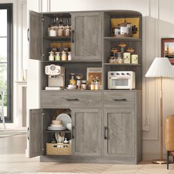 67" Kitchen Pantry Cabinet, Modern Kitchen Hutch with 5 Doors and 2 Drawers, 3-Tier External Shelf, Large Pantry Storage Microwave Cabinet