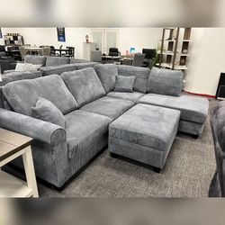 Corduroy Dark gray Comfortable sectional couch w/ ottoman