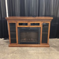 Brown Wood Electric Fireplace Media Console with Glass Doors