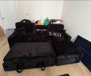 Beautiful‼️Black Fur-like Jumbo Corduroy Sectional Sofa With Storage, Pullout Bed, And Fold Down Table Cup Holders