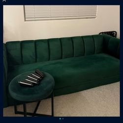 Green Velvet Couch and Stool/End Table