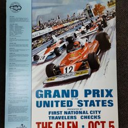 Vintage 1975 Watkins Glen Grand Prix color racing poster, 28x22", Ferrari/F1