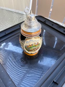 German Ceramic Beer Stein with Pewter Lid