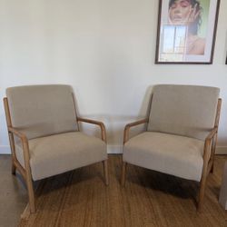 Ash Wood And Linen Accent Chairs