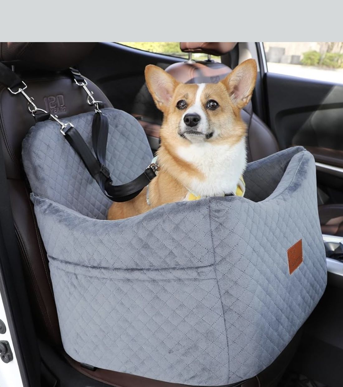 Elevated Dog Car Booster Seat for Pets up to 35 lbs – Soft, Non-Slip, Washable Travel Bed with Safety Strap (H-Grey)