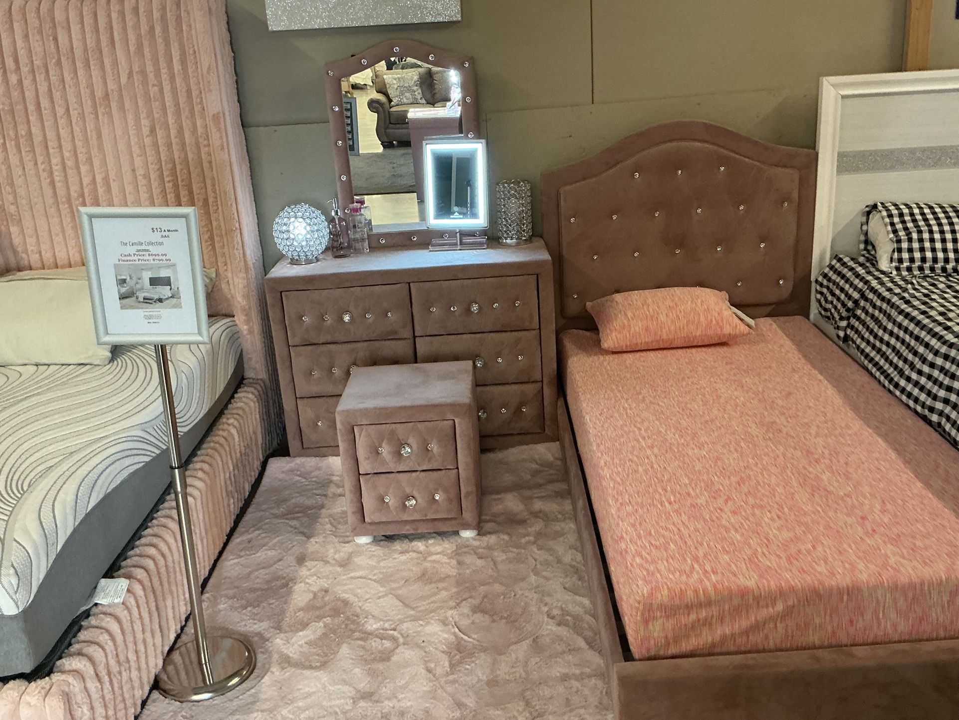 Twin Bedframe, Dresser, Mirror And Nightstand