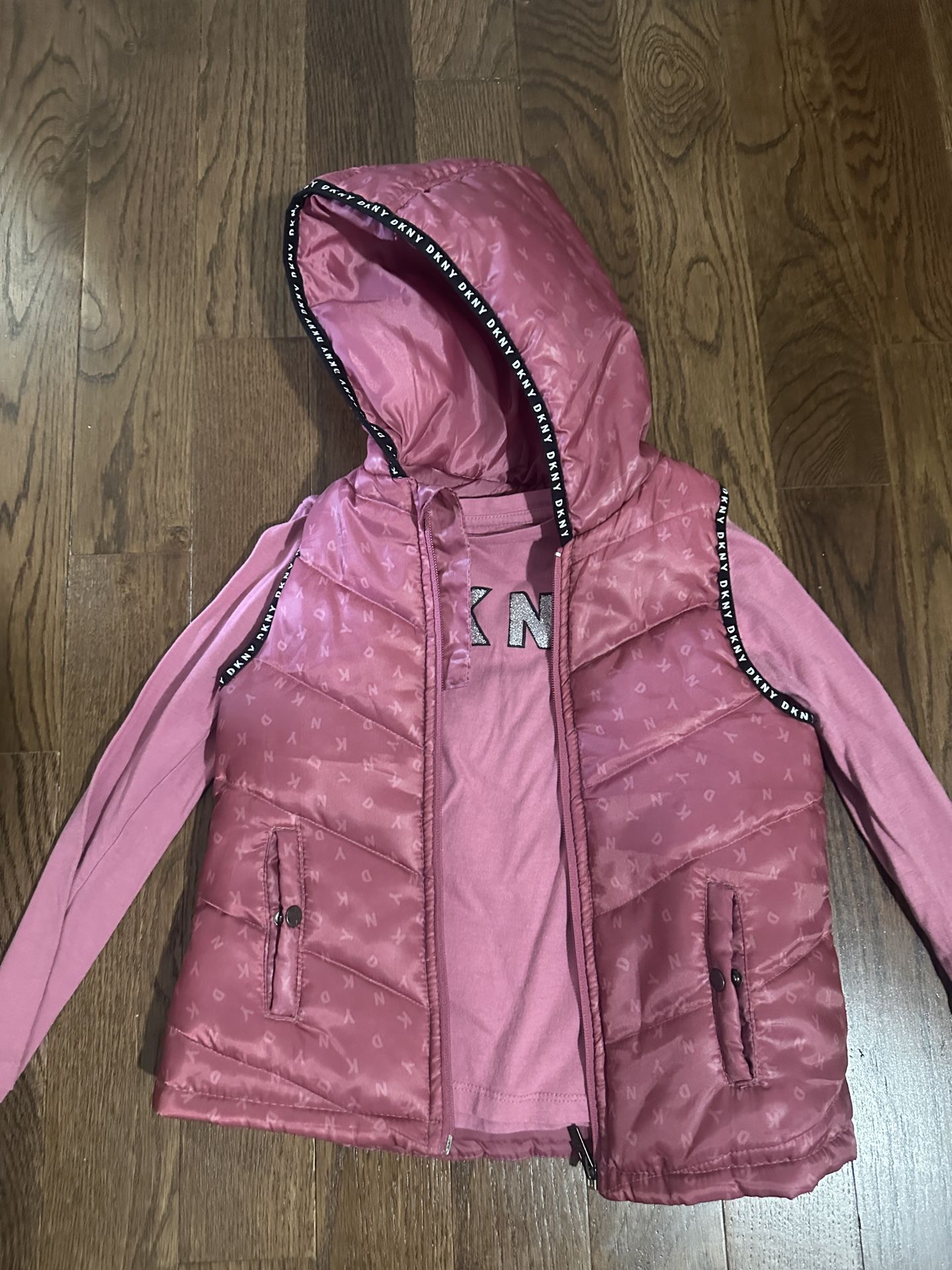 DKNY 2-Piece Girls Set (Size 6) – Puffer Vest with Hood + Long Sleeve Shirt – Pink