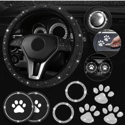 Black Bling Accessories for Car, Bling Steering Wheel Cover for Women Girls Universal Fit 14.2-15.3 Inch, Bling Car Accessories with Car Coasters, Paw