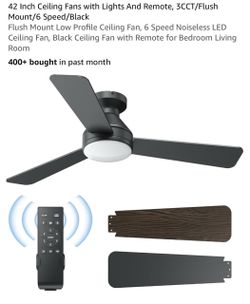 42 Inch Ceiling Fans with Lights And Remote, 3CCT/Flush Mount/6 Speed/Black