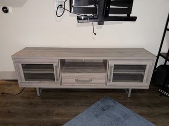 Gray Wood TV Stand with Glass Doors