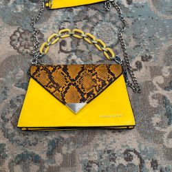Charles And Keith Yellow Hand Bag With Snake Skin Flap