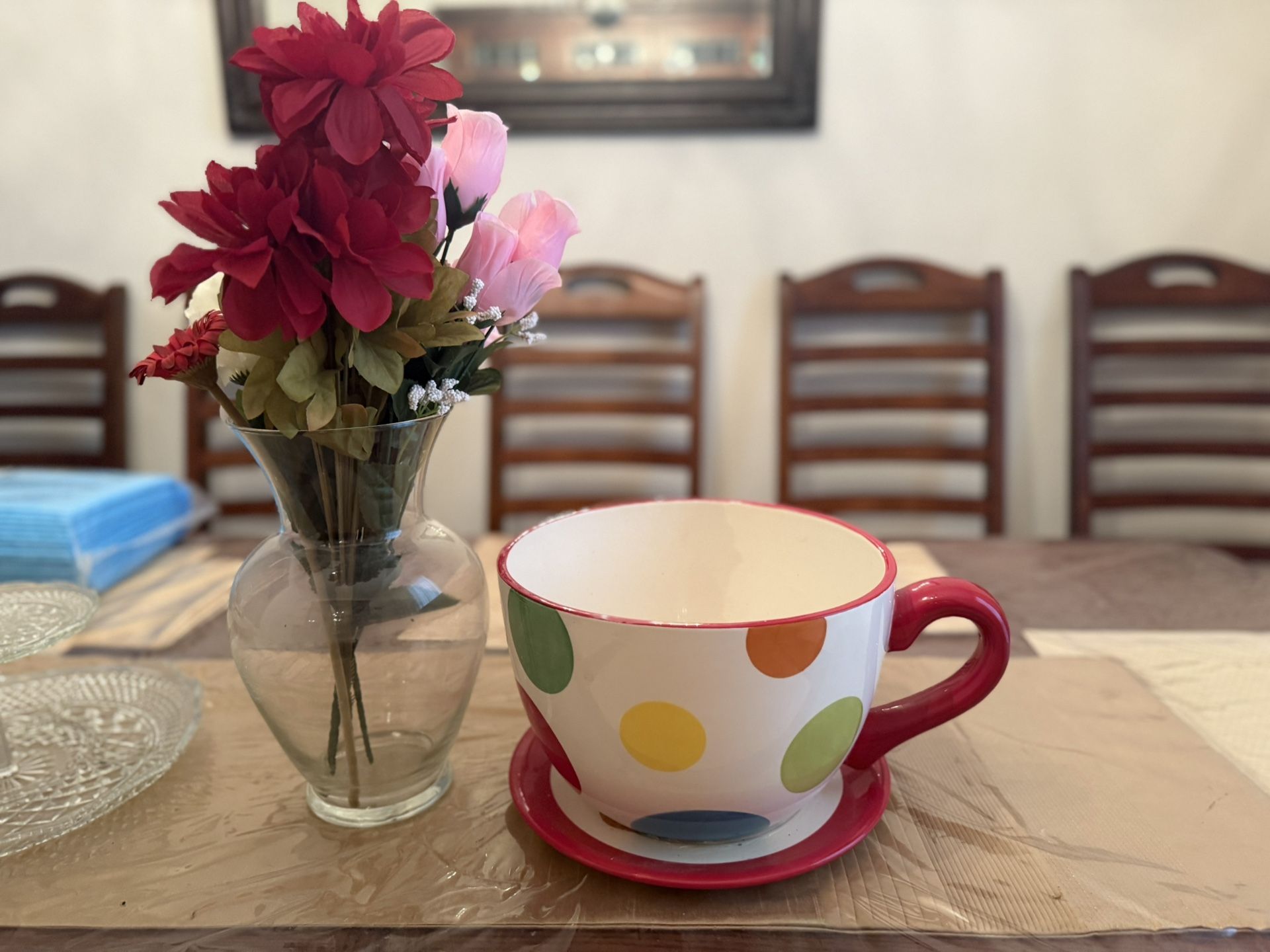 Clay tea pot and saucer flower pot Red and white with colorful polka dots