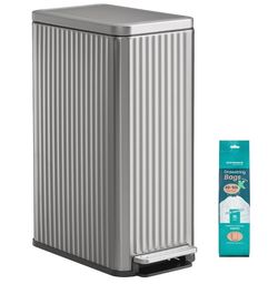 Trash Can, 13 Gallon (50 L) Slim Garbage Can for Kitchen, with Soft-Close Lid, Pedal, Removable Inner Bucket, Stainless Steel, 15 Trash Bags, Space-Sa