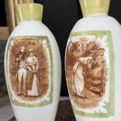Vintage Porcelain Scenic Vases Pair 10in Victorian Romantic Couple Decorative Vase Set