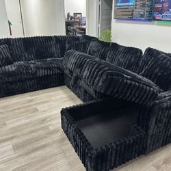 NEW IN  BOX - Black Sectional With Accent Pillows and STORAGE CHAISE** Finance Available $54 down