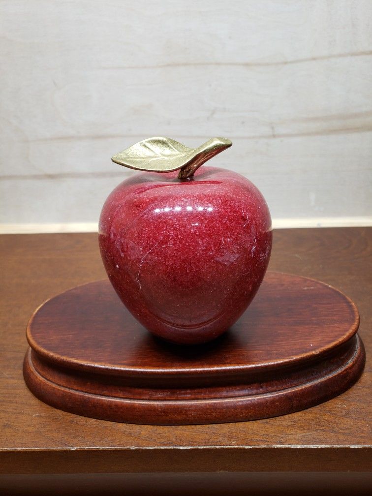 Marble Red Alabaster Apples Paper Weight Brass Leaf Stem