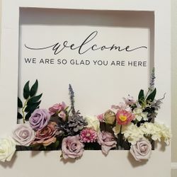 Welcome Sign Box And Artificial Flowers, With Black Easel Stand 