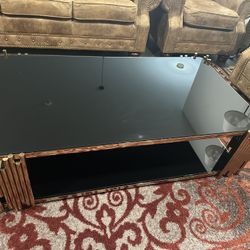 🔥 Luxury Black Glass Coffee Table – Modern Wood + Gold Accent Design (Heartland, TX)