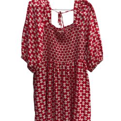Ava & Viv red and white geometric patterned dress featuring puff sleeves and a smocked square neckline