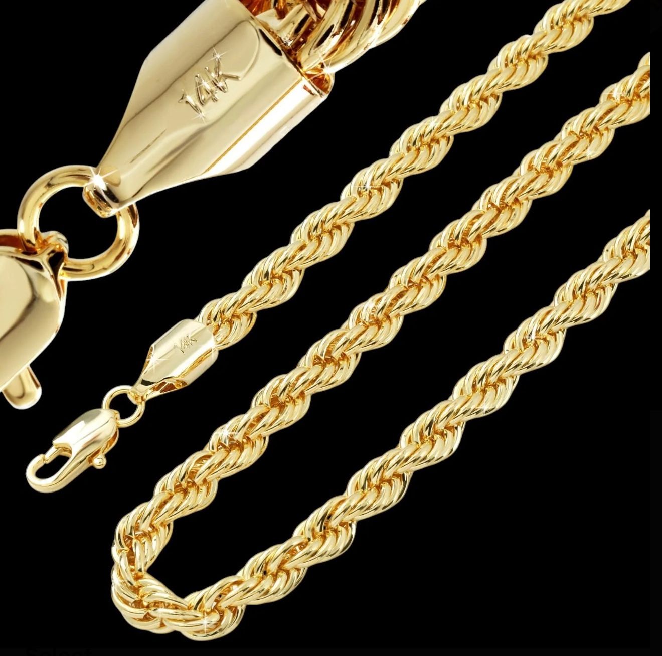 14K Gold Plated Brass Rope Chain Necklace – 3mm to 10mm Unisex