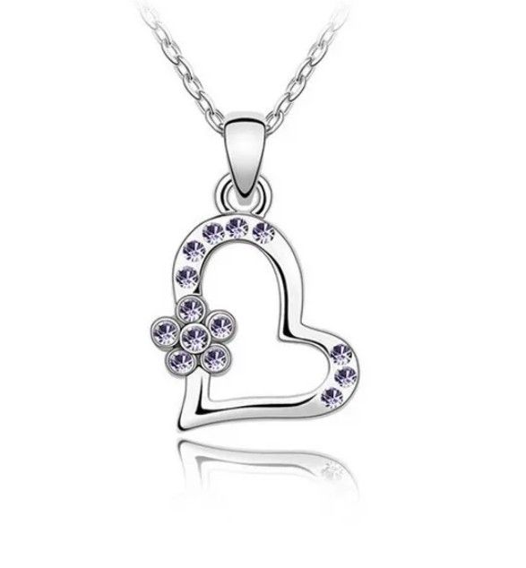 BRAND NEW IN PACKAGE LADIES GIRL'S DAINTY OPEN HEART PURPLE CRYSTAL FLOWER PENDANT SILVER CHAIN NECKLACE - 16"