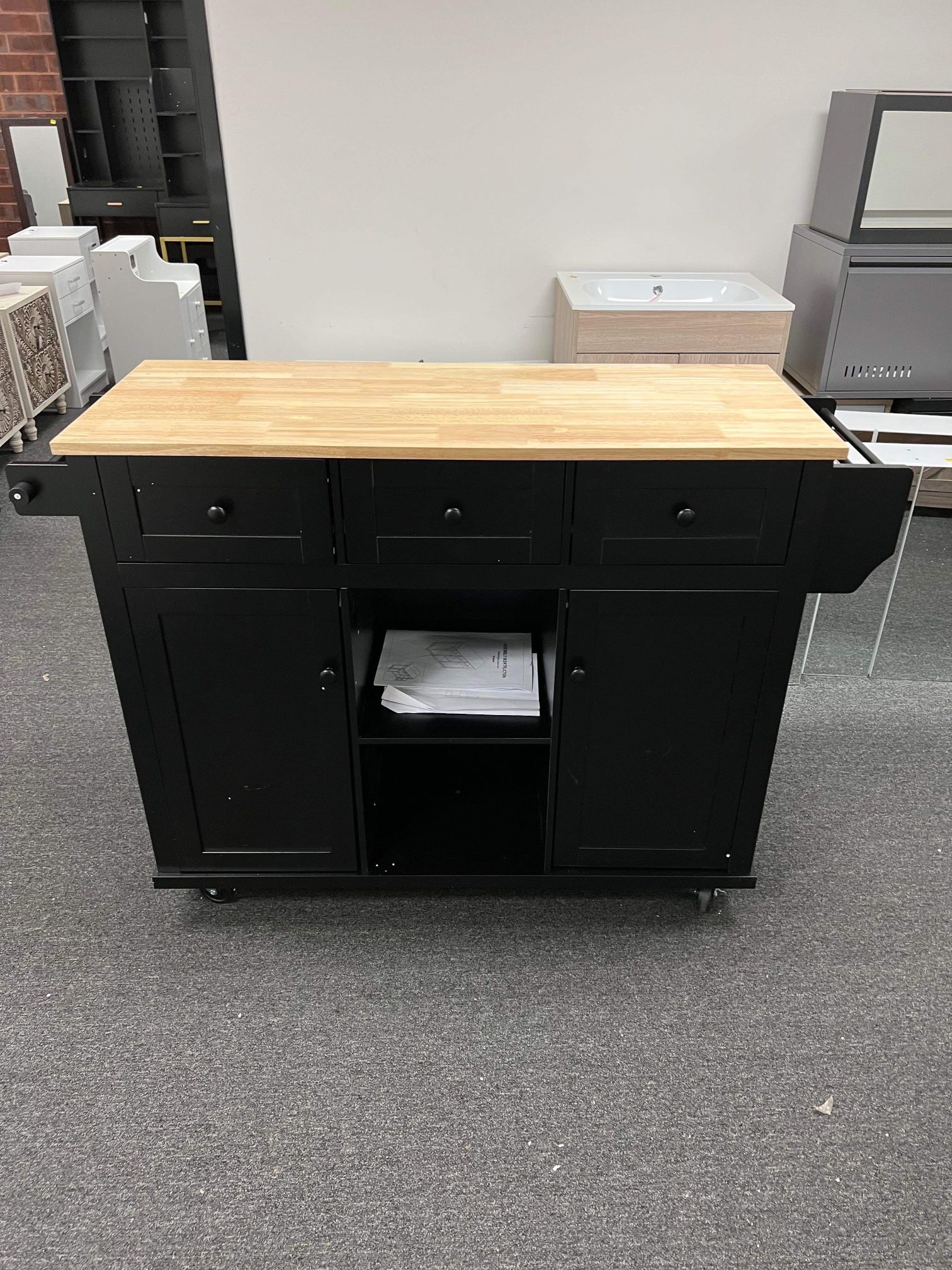 Store Kitchen Cart, with Rubber Wood Drop-Leaf Countertop,Cabinet Door Internal Storage Racks, Kitchen Island on 5 Wheels, with Storage Cabinet and 3 