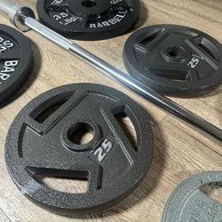 CUZ NEED THE $$ NEW Olympic Equipment: 6 ft Silver Bar & Weight Plates 35s, 25s, and 10s lbs. Total: 180 lbs [ NO, No Better Price]
