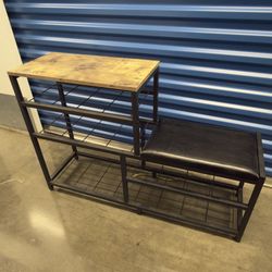 Industrial metal wood & faux-leather entryway shoe rack bench - black