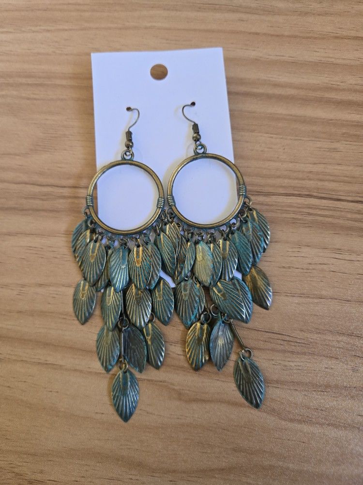 Turquoise Earrings Antique Gold Style Chic Leaves Dangle Hook NEW