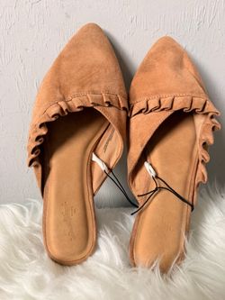Tan Suede Ruffle Pointed-Toe Mules