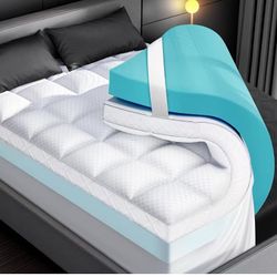 Dual Layer 4 inch Memory Foam Mattress Topper for Pain Relief with 2X Support, 2" Fluffy Pillow Top Queen Mattress Topper Plus 2" Odor-Free Cooling Ge