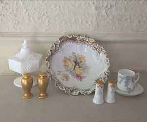 RS Prussia Bowl, RS Bavaria Louis XLV Cup & Saucer, Picard Salt & Pepper Shakers. White & Gold Art Deco Cup & Saucer, Vintage Milk Glass Dish. No Crac