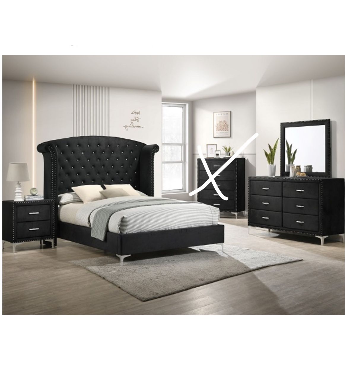black velvet dresser set Black Velvet Fabric Dresser & Mirror IF-100 main image 1