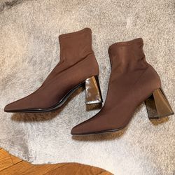 New!!! Brown Stretch Sock Booties with Block Heel