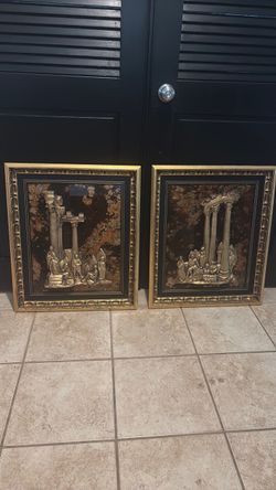 MCM Hollywood regency Pair of Framed Classical Relief Wall Art Panels