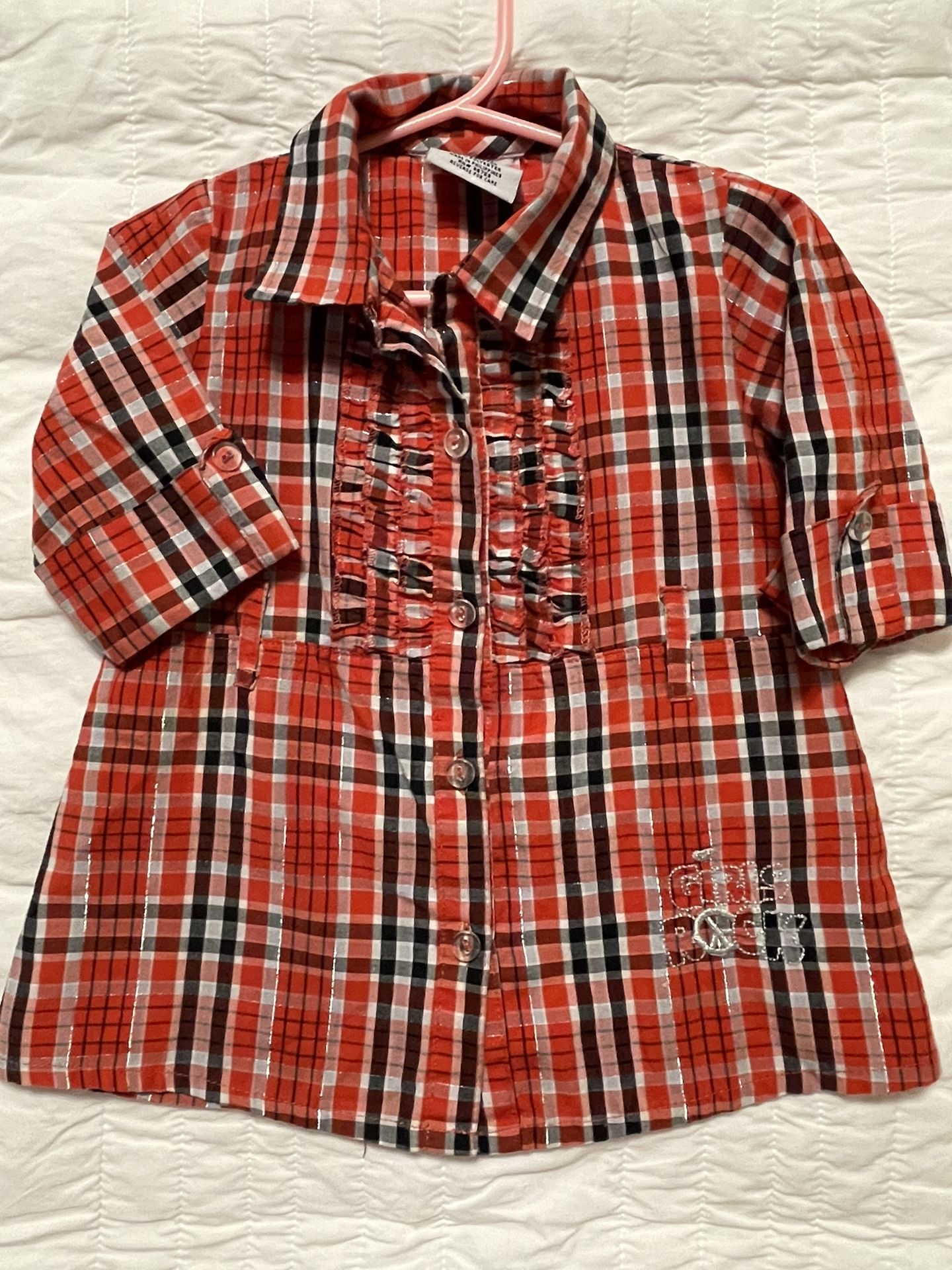 2B Real “Girls Rock” Red Plaid Buttoned Toddler Shirt Size 2T