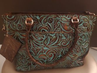 Patricia Nash Tooled Turquoise Poppy Leather Tote Handbag Purse