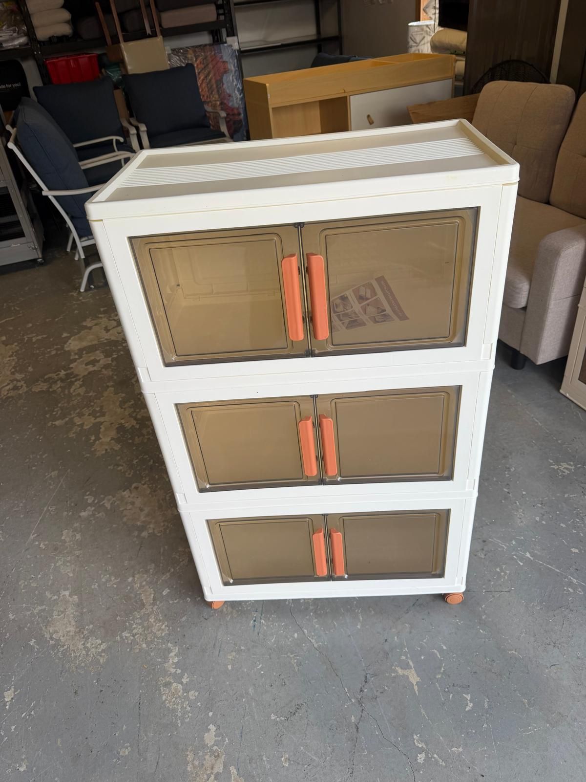 3 Tier Plastic Storage Bin With Lids, Wheels, And Doors