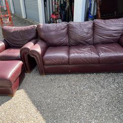 Faux Leather Sofa , Chair and Ottoman  Couch 74” long  34” deep  36” tall Chair  34” wide  34” deep  36” tall  Ottoman  30”wide  24” deep  17” tall