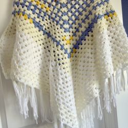 Beautiful Handmade Crochet Poncho | Soft Cream with Blue & Yellow Accents 