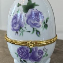Vintage Porcelain Egg-Shaped Trinket Box with Purple Roses and Gold Rim