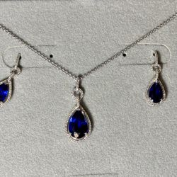 Silver Diamond Blue Sapphire Necklace & Matching Earrings Set