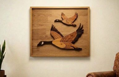 ​Vintage 3D Wood Intarsia Flying Geese / Ducks Wall Art – 23" x 28"