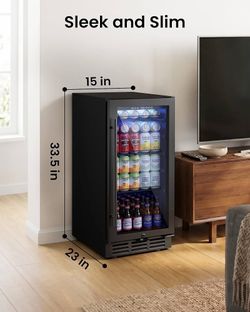 New 15 Inch Beverage Refrigerator 130 Cans | Under Counter Glass Door 15 in beverage refrigerator, 130 cans, glass door, LED, lock, built-in or freest