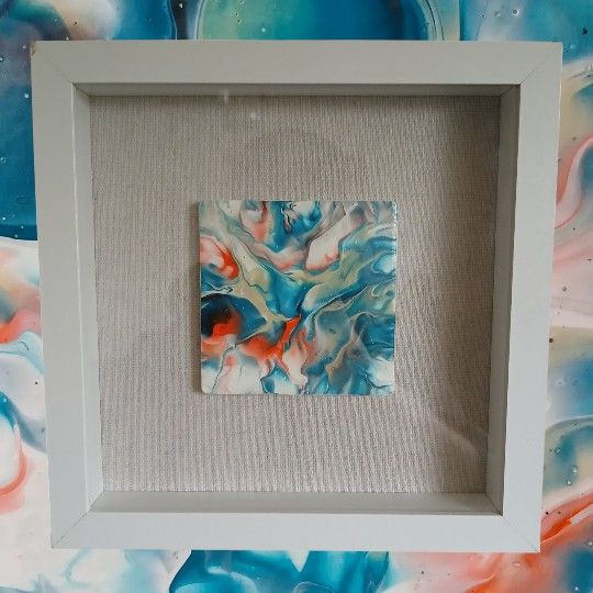 Arcylic Art Pour Painted Stoneware Coaster Framed in Shadow Box