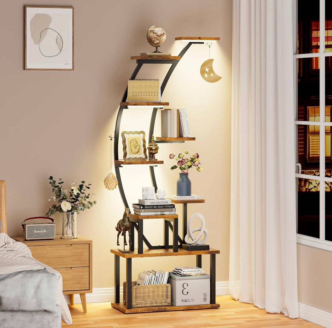 Bookshelf with Lights, Tall Unique Bookcase